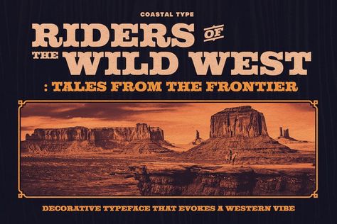 Introducing Riders of the Wild West a decorative font that captures the rugged spirit and untamed allure of the Wild West. With its bold and clean letterforms, ‘Riders of the Wild West’ transports you to a time when cowboys roamed the open plains, and dusty saloons echoed with the clinking of spurs. This font evokes […] The post Riders of the Wild West Font appeared first on <a rel="n... Wild West Poster Design, Wild West Moodboard, Wild West Graphic Design, Wild West Design, Wild Wild West Movie, Second Rodeo, Decorative Typeface, Wild West Show, Classic Branding