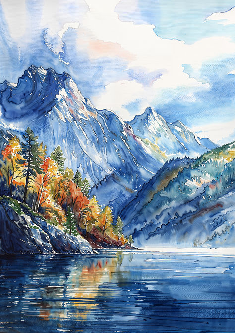 Unwind with the peaceful autumn scenery captured in our vibrant watercolor style, where mountains meet the reflecting waters of a tranquil lake. Scenery Painting Watercolor, Counselor Aesthetic, Mountain Autumn, Lake Watercolor, Mountains Watercolor, Mountain Watercolor, Watercolor Scenery, Reflection Painting, Camp Counselor