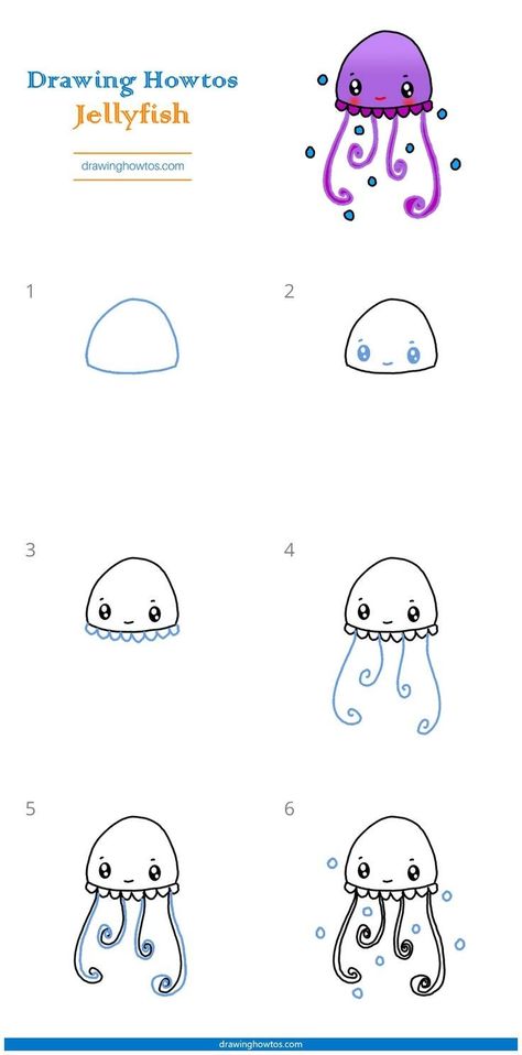 Easy Kid Drawings Step By Step, Draw Jellyfish Easy, Cute Sea Animals Drawing Easy, How To Draw Step By Step Easy Cute, How To Draw Kindergarten Step By Step, Easy To Draw Mermaid, Kawaii Doodles Step By Step, How To Draw A Jellyfish Step By Step, Beginning Drawing Step By Step