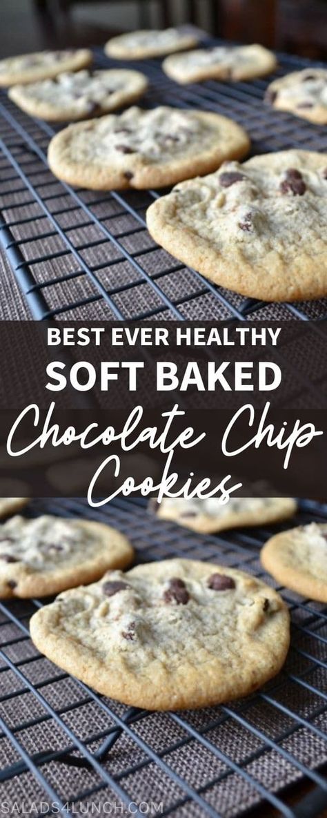 Soft Baked Chocolate Chip Cookies, Healthier Chocolate Chip Cookies, Soft Chocolate Chip Cookie Recipe, Soft Chocolate Chip Cookie, Baked Chocolate Chip Cookies, Soft Chocolate Chip Cookies Recipe, Cookie Salad, Fudge Stripe Cookies, Healthy Chocolate Chip Cookies