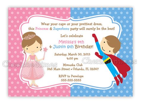 Sibling Birthday Parties, Princess Party Invitations, Mickey Mouse Invitations, Superhero Birthday Invitations, Superhero Invitations, Super Hero Theme, Twin Birthday, Birthday Themes, Superhero Party