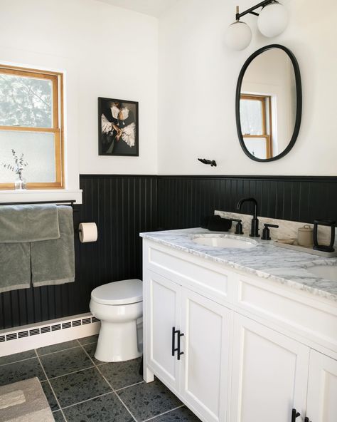 Since I’m on the bathroom train, let’s talk about one of the bathrooms in our Catskills mountain house that I designed. When we first walked the house in ‘21, we were told that the one bathroom in the house was “tastefully updated”. I use air quotes because you never know what people consider tasteful. Suffice to say, tasteful it was not. Yes, installation was new, but they installed floor to ceiling large format tiles from the 80’s. Everything was screaming, “why did you install me” and I kn... Soaker Tub Shower Combo, Floor To Ceiling Tile, Black Bathrooms, Large Format Tiles, Air Quotes, Catskill Mountains, Large Format Tile, Floor To Ceiling, Black Panels