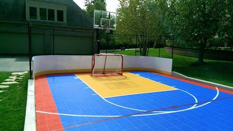 Hockey Boards on Sport Court - St. Louis, MO Backyard Rink, Backyard Court, Home Basketball Court, Basketball Court Backyard, Backyard Basketball, Hockey Boards, Indoor Basketball, Roller Hockey, Sport Court