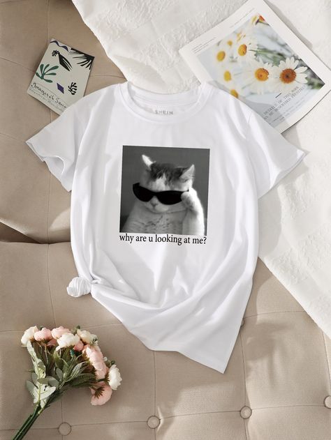 Slogan Graphic Tee, Temu App, Cat Mom Shirts, Fabric Animals, Really Cute Outfits, Shein Tops, Animal Shirts, White Casual, Cat Print