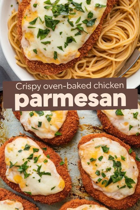 Indulge in deliciousness with our crispy oven-baked chicken parmesan recipe! This dish is a perfect combination of tender chicken, crispy coating, flavorful marinara sauce, and gooey melted cheese. Whether you're looking for a new go-to chicken recipe or wanting to try different parmesan recipes, this oven-baked favorite will surely satisfy your cravings. Say goodbye to greasy fried versions and say hello to the healthier alternative that doesn't compromise on taste. Crunchy Chicken Parmesan Recipe, Chicken Parmesan Recipe Fresh Mozzarella, Crispy Baked Chicken Parmesan, Best Parmesan Crusted Chicken, Breaded Chicken In The Oven, Marinara Chicken Baked, Chicken Bites In Oven, Chicken Parmesan In Oven, Oven Baked Chicken Parmesan Recipe Easy