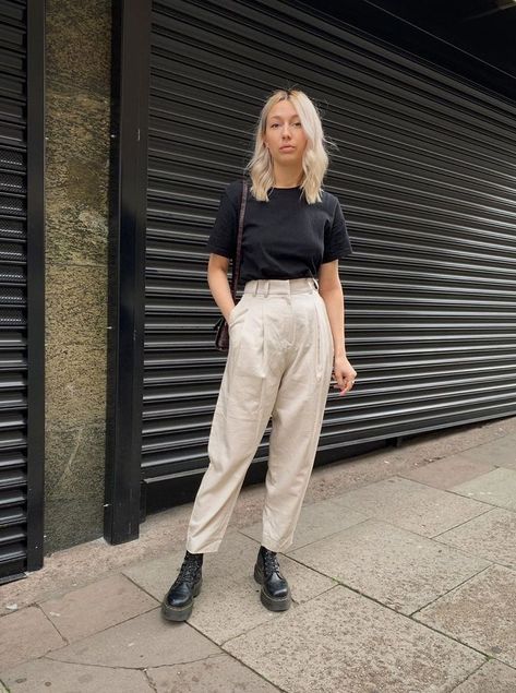 brands like COS: beige high-waisted Weekday trousers with a black tee and Dr Martens boots Pants With Doc Martens, Minimalist Brands, Dr Martens Outfit, University Outfit, Uni Outfits, Breezy Dress, Doc Martens, Looks Style, Who What Wear