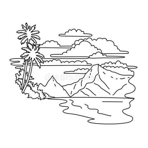 Beach And Mountains, American Drawing, Mountains Drawing, Line Art Drawing, American Samoa, Vintage Frame, Samoa, Line Art Drawings, Vintage Frames