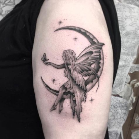 Self Love Fairy Tattoo, Fairy Book Tattoo, Edgy Fairy Tattoo, Fairy Tattoo Thigh, Fairy Thigh Tattoo, Fairy Tattoo Ideas For Women, Gothic Fairy Tattoo, Back Of Neck Tattoos For Women, Pixie Tattoo