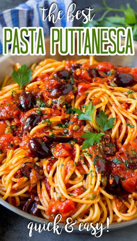 This pasta puttanesca is spaghetti tossed in a homemade tomato sauce that is flavored with olives, capers and herbs. Puttanesca Pasta, Pasta Puttanesca Recipe, Puttanesca Recipe, Spaghetti Alla Puttanesca, Puttanesca Sauce, Alla Puttanesca, Easy Dinner Options, Tuna Recipe, Traditional Pasta