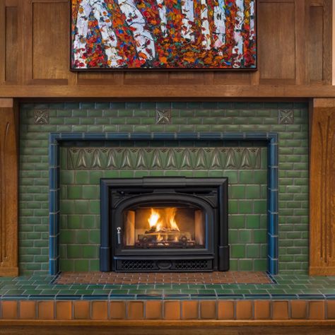 Tiling Over Brick Fireplace, Craftsman Fireplaces, Raised Fireplace, Prairie Kitchen, Raised Hearth, Arts And Crafts Fireplace, Hearth Fireplace, Arts And Crafts Tiles, Relief Tile