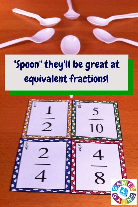 Want a fun, low-prep equivalent fractions game to use in your math centers tomorrow? Read about how we've put an equivalent fractions twist on the classic "Spoons" game and get your FREE equivalent fractions cards to use at games4gains.com. Fraction Activities For 2nd Grade, Math Games Fractions, Math Games Fifth Grade, Fourth Grade Fractions Activities, Adding And Subtracting Fractions Games, Teaching Fractions 5th, Fourth Grade Math Games, Teaching Equivalent Fractions, Fraction Games 5th Grade