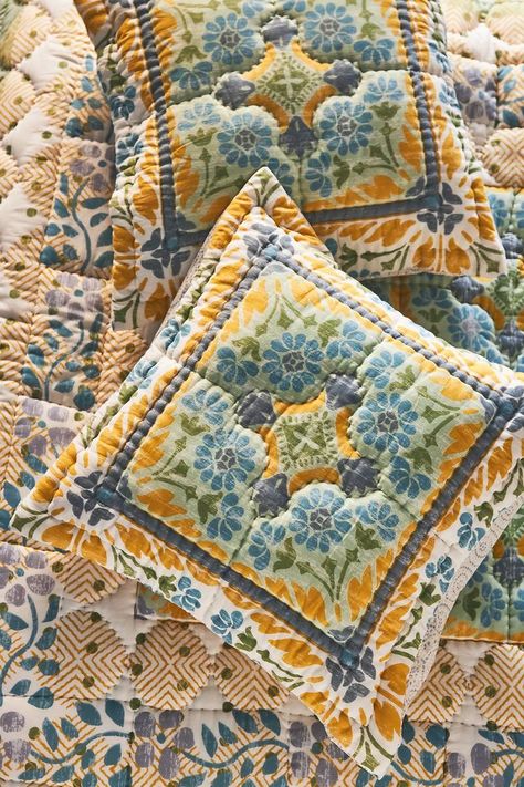 A quintessential quilt pattern complements vintage-inspired hues with the Talula Sunshine Collection. With a crafted feel, this pillowcase offers classic charm for every bedroom. Anthropologie Bedding, Beautiful Bedding Sets, Anthropologie Uk, Euro Sham, Quilted Bedspreads, Euro Shams, Kantha Stitch, Quilt Bedding, Bedding Shop