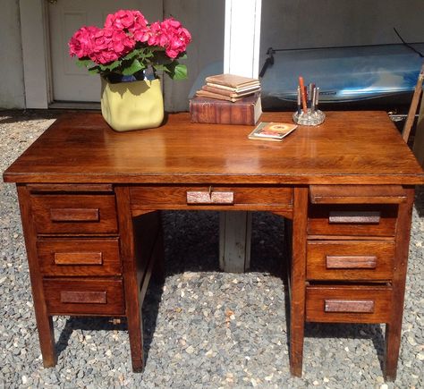 Just refinished this antique school teachers desk. Refinished Desk Ideas, Desk Refinishing Ideas, School Teacher Desk, Teacher Desks, Refinished Desk, Vintage Office Desk, Vintage Oak Desk, Teachers Desk, Desk Redo