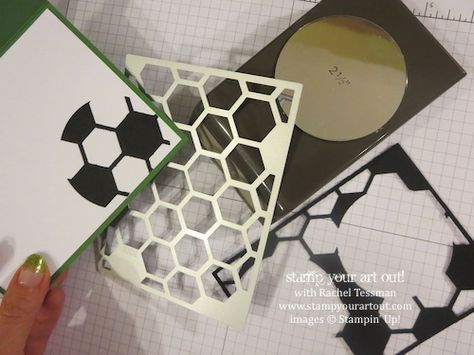 The Hexagon Hive Thinlit, the 2-1/2” Circle punch and the Fringe Scissors can make a fabulous soccer card! - Stampin’ Up!® - Stamp Your Art Out! www.stampyourartout.com Stampin Up Soccer Cards, Hexagon Cards, Soccer Cards, Punch Art Cards, Boy Cards, Card Making Tips, Punch Art, Card Making Techniques, Card Making Inspiration