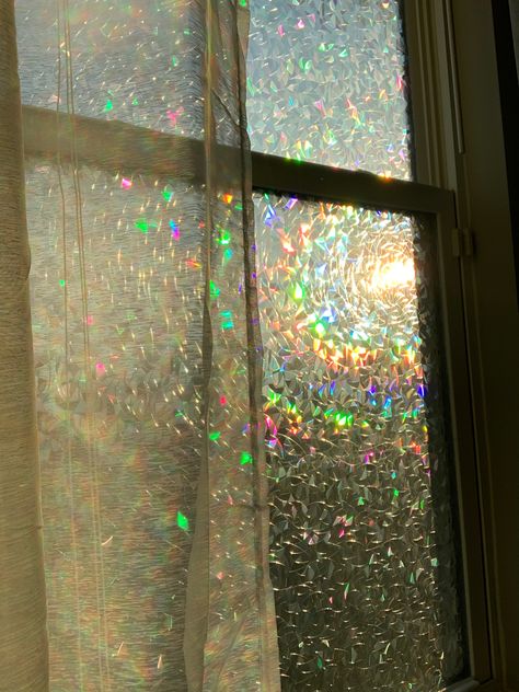 Rainbow Glass Window, Iridescent Room Decor, Iridescent Bedroom, Sparks Aesthetic, Funky Curtains, Desired House, Tiktok Images, Funky Bathroom, Funky Aesthetic