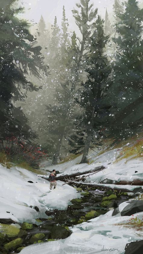 ArtStation - Alpine Woods , Vanessa Palmer Vanessa Palmer, 숲 사진, Dnd Inspiration, Snowy Forest, Poster Travel, Biome, Fantasy Places, Drive Through, Mug Art