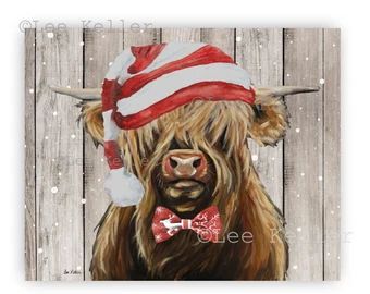 Cow Art Print, Highland Cow Art, Holiday Canvas, Christmas Cow, Cow Canvas, Cow Art, Christmas Canvas, Poster Vintage, Holiday Decor Christmas