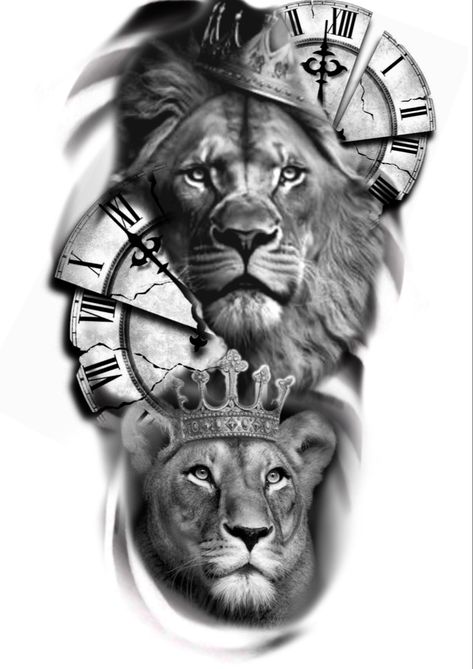 3 Lions Tattoo England, Lion And Lioness Tattoo Design, Half Lion Half Lioness Tattoo, Male And Female Lion Tattoo, Lion Family Tattoo For Women, Lion Family Tattoo, Sean Tattoo, Family Tattoo Design, Couples Hand Tattoos