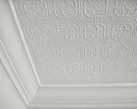 Anaglypta wallpaer ceiling - solution for problem ceilings Anaglypta Wallpaper, Ceiling Paper, Faux Tin, Paintable Wallpaper, Popcorn Ceiling, Wallpaper Ceiling, Ceiling Treatments, Colored Ceiling, Kitchen Ceiling