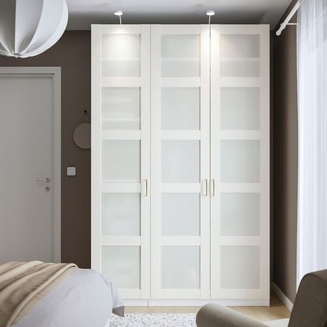 PAX / BERGSBO Wardrobe combination, white/frosted glass/white, 59x235/8x931/8" - IKEA Four Panel Door, Armoire Pax, Wardrobe Systems, Led Cabinet Lighting, Pax Wardrobe, Plastic Edging, Ikea Home, Solid Doors, Viria