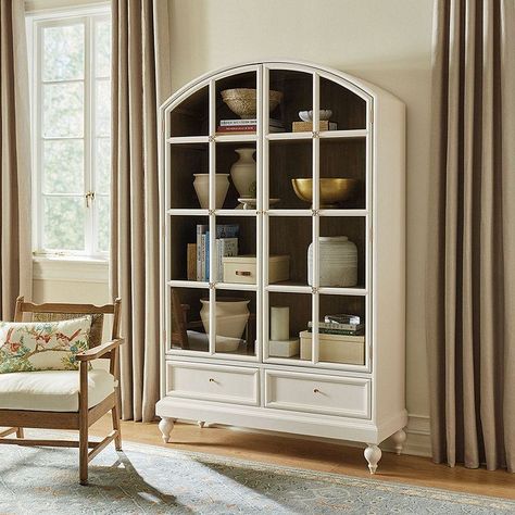 Bloom Arched Glass Door Cabinet with 2 Drawers | Ballard Designs, Inc. Arched Cabinet, Beautiful Kitchenware, Glass Door Cabinet, Closet Storage Systems, Outdoor Umbrella Stand, Chaise Lounge Sofa, Daybed With Storage, End Of Bed Bench, Media Furniture