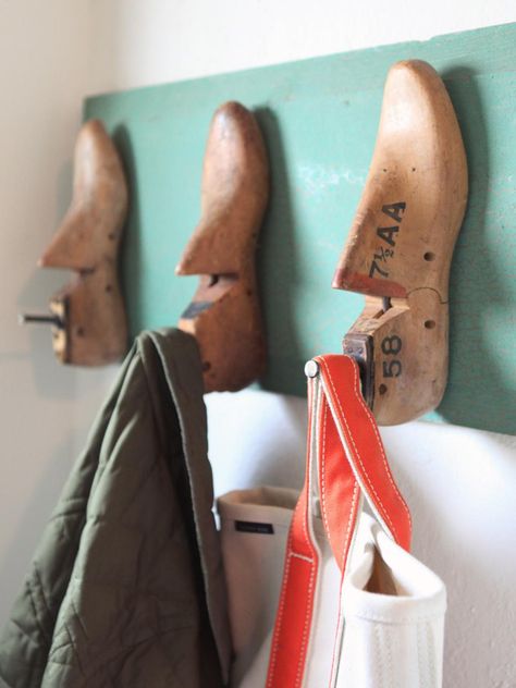 Decorating With Flea Market Finds, Eclectic Entryway, Shoe Hanger, Thrifted Home Decor, Flea Market Decorating, Flea Market Flip, Shoe Molding, Shoe Stretcher, Wood Shoes