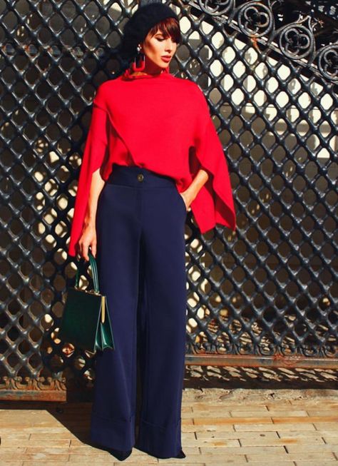 Navy Blue Outfit, Marine Outfit, Colour Clash, Navy Outfit, Fall Wear, Pants Suit, Office Attire, Blue Outfit, Red Outfit