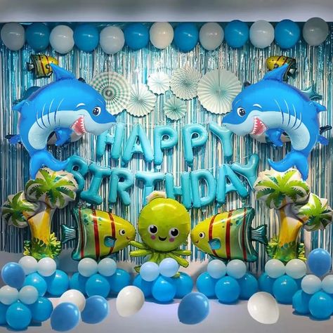 Shark Sea Birthday Party Balloons Backdrop Decorations Marine Ocean Animals Themed Fish Balloon Ocean Animal Birthday Party, Ocean Themed Birthday Party, Sea Birthday Party Decorations, Shark Party Decorations, Ocean Theme Birthday, Ocean Birthday Party, Ocean Theme Party, Boy Birthday Decorations, Ocean Birthday