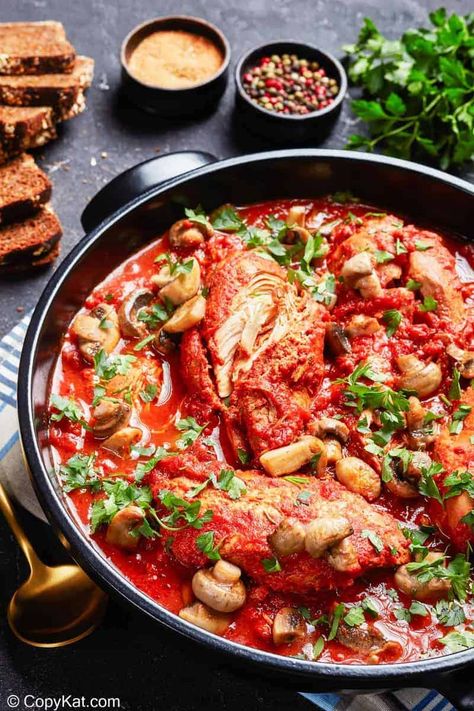 Chicken Cacciatore is a delicious and classic Italian meal. Get the easy recipe and find out how to make the best chicken cacciatore in a skillet or pan on the stove top. Mushrooms, onions, tomatoes, white wine, and seasonings give this cacciatore deep flavor and richness. Comfort food at its finest! #cacciatore #chickenrecipe #italianrecipe #comfortfoodrecipes Chicken With Red Wine, Better Than Bouillon Recipes, Chicken Stews, Best Copycat Recipes, Cacciatore Recipes, Chicken Cacciatore, Classic Italian Dishes, Chicken Pieces, Copykat Recipes