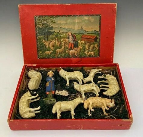 Antique German Boxed Painted Putz Sheep with Shepherd and Dog | eBay Angel Workout, Dollhouse Doll Clothes, Victorian Toys, German Toys, Antique Christmas Ornaments, Vintage Boxes Wooden, Antiques And Collectibles, Broken Leg, Classic Paintings