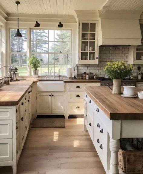 Home Inspo Farmhouse, Farmhouse Kitchen White Cabinets Wood Countertops, Farmhouse Inspo Interior, White Cabinets With Brown Countertops, Rustic Kitchen Remodel Ideas, Farmhouse Kitchen Floors, Kitchen Window Wall, Cream Cabinets With Butcher Block Top, White Kitchen Cabinets Wood Countertops