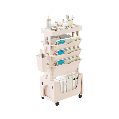 PRICES MAY VARY. 【Small Size Big Space】The 9.8"D x 14.8"W x 30.7"H size rolling bookshelf cart requires less than 0.1 ㎡ of floor, but can provide you 5 surprising large capacity shelves, easy to stackable, take and storage, Multi-layer storage, classified storage of books, documents. say goodbye to chaos, make your life more orderly and more organized 【Lightweight Material, Stable Design】High-quality plastic coupled with a stable four-wheel bottom design gives you convenience and security. If yo Cute Book Cart Ideas, Portable Office Ideas, Book Cart Idea, Bookshelf Cart, Homeschool Cart Organize, Teaching From A Cart Organization, Rolling Bookshelf, Roller Cart For Books, Ideal Classroom