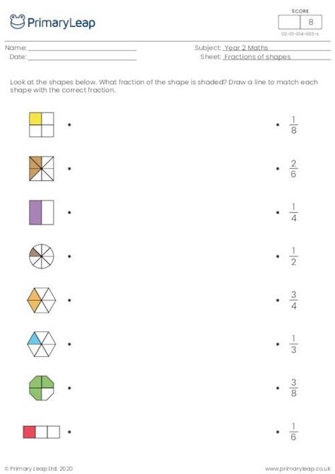 This colourful maths activity asks students to draw a line to match each shape with the correct fraction. Primary School Worksheets, Year 2 Maths Worksheets, Year 2 Maths, Maths Activity, Free Worksheets For Kids, Math Sheets, Kids Work, 2nd Grade Math Worksheets, Shapes Worksheets