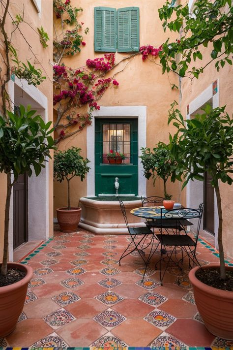 Elevate your outdoor space with these 4 essentials for a vibrant Mediterranean courtyard! 🌺🌿 From colorful tiles to fragrant citrus trees, we've curated the must-have elements for creating a lively and inviting outdoor retreat. Tap to explore our favorite picks and start designing your own Mediterranean-inspired oasis. What's your go-to accessory for Mediterranean courtyard living? Share your thoughts below! 🌟 #MediterraneanStyle #CourtyardDesign #OutdoorInspiration Spanish Tile Backyard, Colourful Courtyard, Colorful Courtyard, Cafe Renovation, Cuban House, Spanish Style Courtyard, Tile Terracotta, Moroccan Courtyard, Mediterranean Courtyard