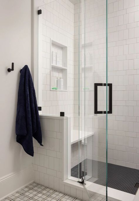 Black Hexagon Shower Floor, Herringbone Shower Floor, Hexagon Shower Floor, Corner Shower Ideas, Shower Wall Tiles, Corner Showers, Glass Corner Shower, Walk In Shower Ideas, Patterned Wall Tiles