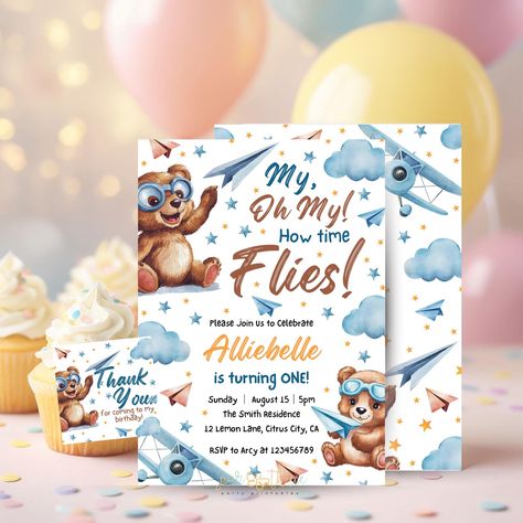 Beary First Birthday Invitation, Bear Theme Birthday, Airplane Invitation, Woodland Party, Boy First Birthday, Aviator Brown Bear, Editable by ParThreeParty on Etsy First Birthday Bear Theme, Invitation Bear Theme, Birthday Bear Theme, Airplane Party Printables, Bear Theme Birthday, Bear Birthday Party Invitations, Airplane Party Decorations, Beary First Birthday, Airplane Invitation