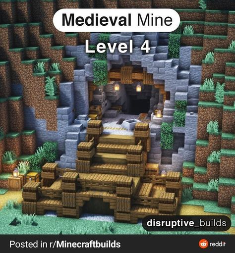 Medieval Minecraft Mine Entrance, Minecraft Y Levels, Minecraft Underground Mine Entrance, Mc Mine Entrance, Minecraft Viking Village Ideas, Minecraft Fantasy Mine Entrance, Minecraft Medieval Village Ideas Layout, Minecraft Mine Shaft Entrance Ideas, Minecraft Mine Enterence