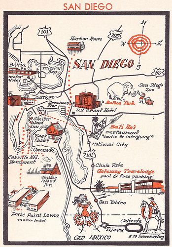 Ancestry Map, San Diego Map, Balboa Park San Diego, Harbor House, National City, Mid Century Illustration, California Map, Balboa Park, Vintage California