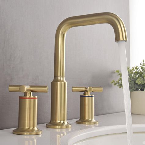 Brushed Gold Vessel Sink Faucet Swivel Split Tap Dual Handles Basin Tap Brushed Brass Bathroom Fixtures, Brass Bathroom Fixtures, Brushed Brass Bathroom, Brass Bathroom Faucet, Standing Bathtub, Space Bathroom, Bathroom Faucets Waterfall, Vessel Sink Faucet, Brass Bathroom