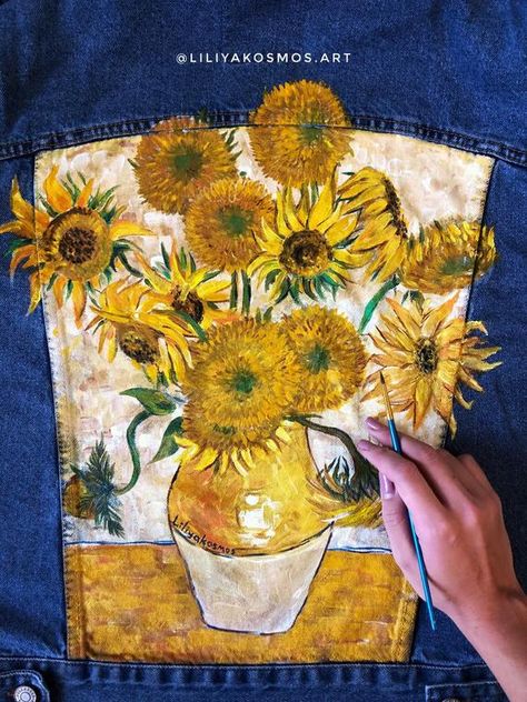 Diy Products To Sell, Hand Painted Jacket, Custom Denim Jacket, Hand Painted Denim Jacket, Van Gogh Sunflowers, Denim Vans, Denim Art, Painted Denim Jacket, Painted Jacket