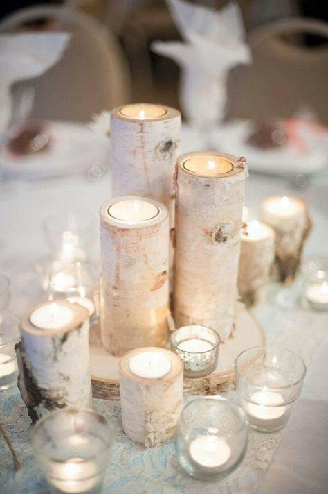 Wood center pieces Woodland Wedding Centerpieces, Christmas Wedding Centerpieces, Tree Wedding Centerpieces, Birch Tree Wedding, Winter Wedding Table, Birch Wedding, Winter Wedding Centerpieces, Birch Candles, Winter Centerpieces