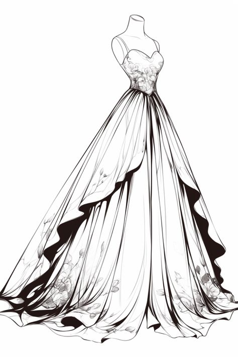 ball gown dress coloring pages – BUJO ART Princess Dress Drawing, Dress Coloring Pages, Fantasy Dress Drawing, Wedding Dress Drawings, Disney Art Style, Bujo Art, Gown Drawing, Fashion Model Sketch, Fashion Coloring Book