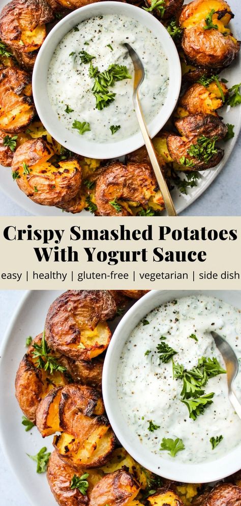 Walder Wellness, Easy Veggie Side Dish, Potato Sauce, Yogurt Dipping Sauce, Veggie Side Dish Recipes, Crispy Smashed Potatoes, Gluten Free Sides Dishes, Greek Yogurt Recipes, Vegetarian Side Dishes