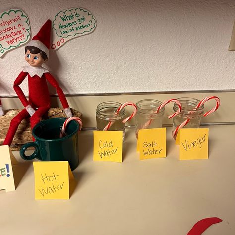 Science Elf On The Shelf Ideas, Elf On Shelf Science Ideas, Science Elf On The Shelf, Elf On The Shelf Science Experiments, Elf Science Experiment, Elf On The Shelf Science Experiment, Candy Cane Experiment, Christmas Science, Flying Reindeer