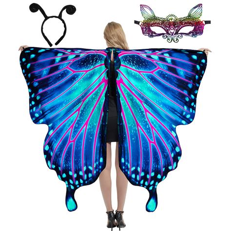 PRICES MAY VARY. STUNNING ADULT HALLOWEEN COSTUMES - Butterfly wings are inspired by a real butterfly, its special design with bright colors will make you look unique in Halloween party or at outdoors. You can tie the elastic ribbon of the butterfly cape at the neck, connect your finger with the flexible loop.Wear it to a music festival and go as a butterfly! PLUS SIZE BUTTERFLY COSTUME FOR WOMEN - The dimension of the womens butterfly costume are 66” (Width) x 53” (Height) - Perfect for women a Butterfly Fairy Costume, Antenna Headband, Butterfly Halloween Costume, Plus Size Halloween Costumes, Butterfly Wings Costume, Girls Halloween Dress, Halloween Capes, Butterfly Fairy Wings, Butterfly Mask