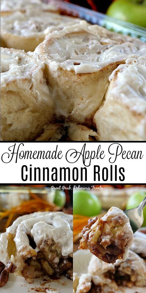 Homemade Apple Pecan Cinnamon Rolls are delicious homemade cinnamon rolls loaded with bits of apples and pecans. #desserts #baking #dessertoftheday #yummy #greatgrubdelicioustreats Pecan Cinnamon, Pecan Cinnamon Rolls, Cinnamon Roll Recipe Homemade, Sweet Roll Recipe, Apple Cinnamon Rolls, Breakfast Rolls, Pecan Recipes, Cinnamon Rolls Homemade, Cinnamon Rolls Recipe