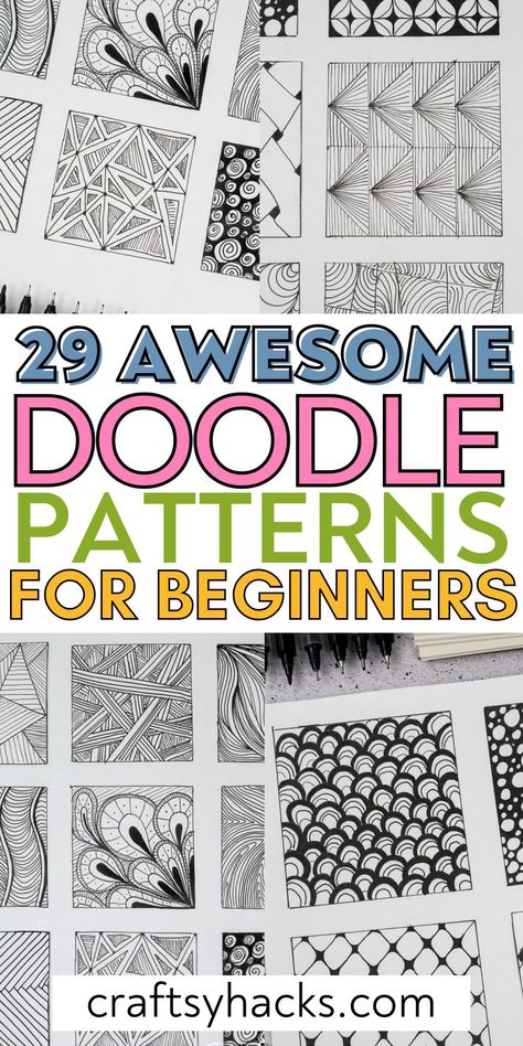 Doodles are great drawing ideas if you want to relax or are feeling bored. Why not get creative and fill up your bullet journal with these creative drawings that are easy enough for anyone. You are sure to find drawing inspiration in this list of doodle patterns. Patterns For Art, Pin Drawings Ideas, Creative Doodle Art Ideas, Art Related Doodles, Doodle Art Beginners, Doodling Art Ideas, Drawing For Relaxation, Zantangle Art Beginners, Zantangle Art Artwork Easy