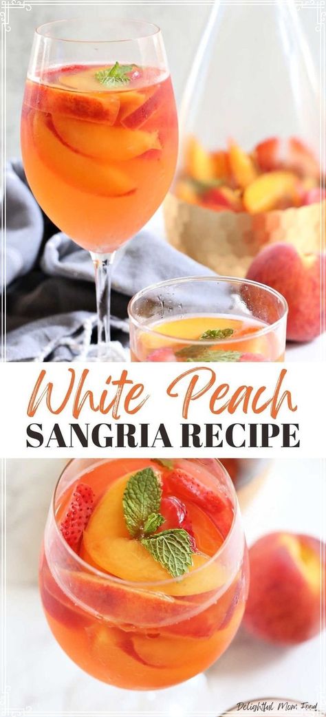 White Peach Sangria Recipe, Sparkling Wine Cocktail Recipes, Peach Sangria Recipe, Peach Sangria Recipes, White Peach Sangria, White Sangria Recipe, Cocktail Drinks Alcoholic, Peach Sangria, Sangria Recipe