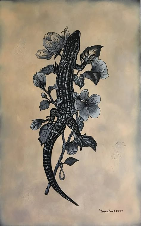 Lizard And Flower Tattoo, Lizard Flower Tattoo, Masculine Flower Tattoo, Masculine Flowers, Symbolism Flowers, Flowers Symbolism, Salamander Tattoo, Symbolism Tattoo, Monochrome Tattoo