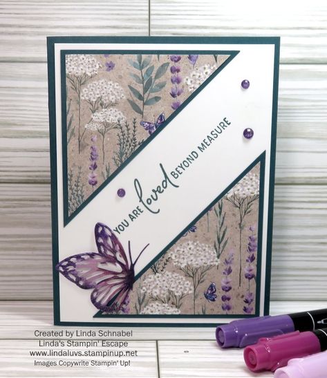 Perennial Lavender Designer Series Paper & the Split Card Technique | Linda's Stampin' Escape Su Sketched Butterflies, Lavender Stamp, Painted Lavender, Designer Paper Cards, Pumpkin Cards, Paper Butterfly, Stamping Ideas, Designer Series Paper, Butterfly Cards